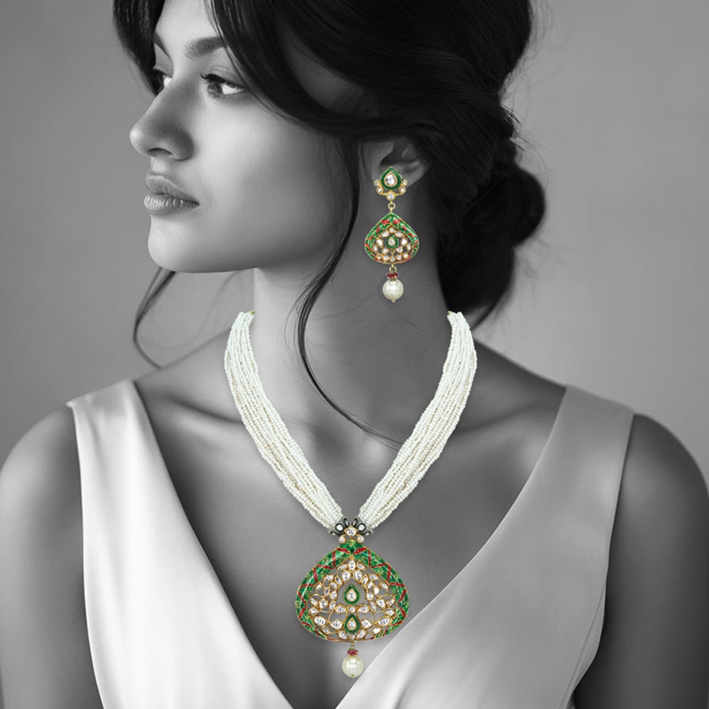Polki Necklace Set with Green Enamel, Pearl Strands, and Drops